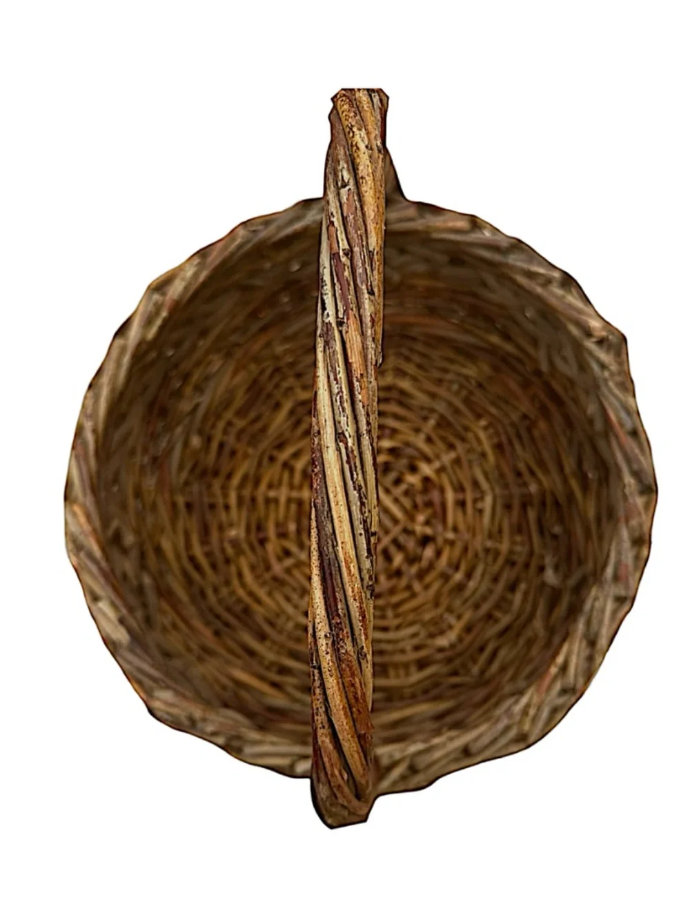 Vintage Hand Woven Wicker Basket 11” Handle Rustic Farmhouse Decor
